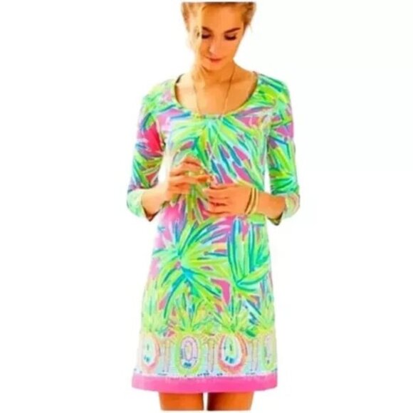 Lilly Pulitzer Tiki Pink Royal Lime Beacon 3/4 Sleeve Dress Cotton Size L Large - Picture 1 of 6